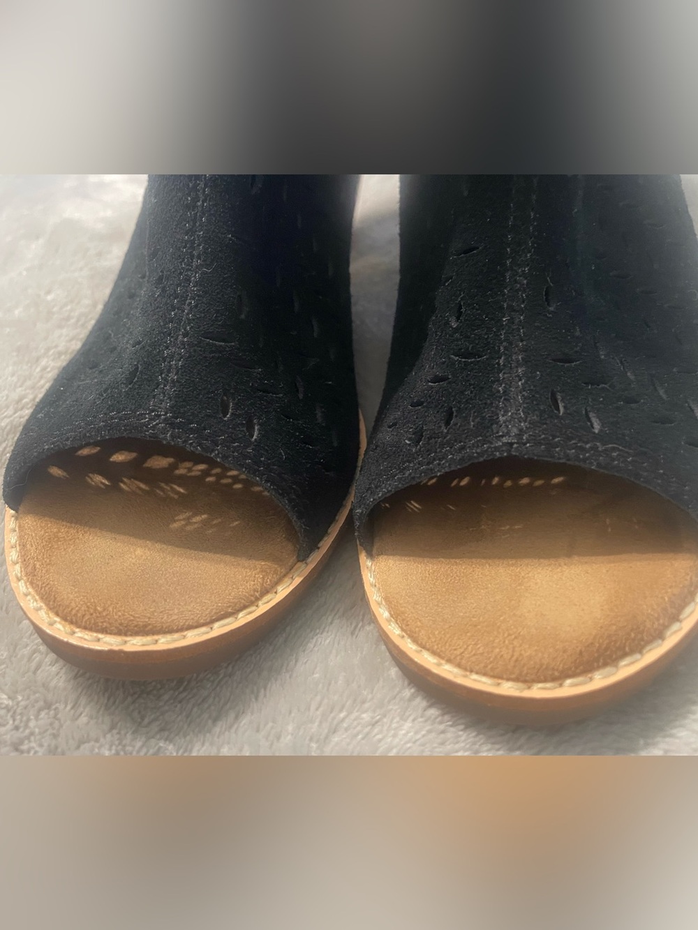 Toms Black Suede Peep-Toe Ankle Booties with Wood Block Heel